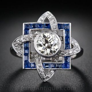 1.00 Carat Diamond and Sapphire Art Deco Ring