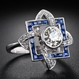 1.00 Carat Diamond and Sapphire Art Deco Ring