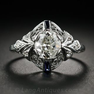 1.00 Carat Oval Diamond and Sapphire Antique Engagement Ring