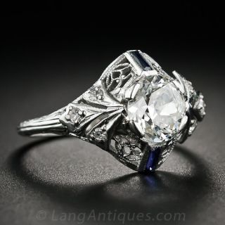 1.00 Carat Oval Diamond and Sapphire Antique Engagement Ring