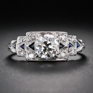 1.01 Carat Art Deco Diamond and Calibre Sapphire Engagement Ring - 2