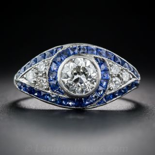 1.01 Carat  Diamond and Sapphire Art Deco Ring