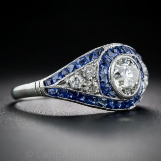 1.01 Carat  Diamond and Sapphire Art Deco Ring