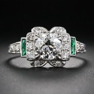 1.02 Carat Diamond and Calibre Emerald Art Deco Engagement Ring