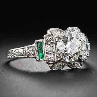 1.02 Carat Diamond and Calibre Emerald Art Deco Engagement Ring