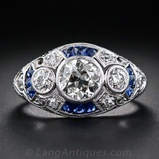 1.05 Carat Art Deco Diamond and Calibre Sapphire Ring