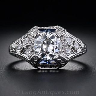 1.05 Carat Art Deco Diamond Engagement Ring with Calibre Sapphires - 2