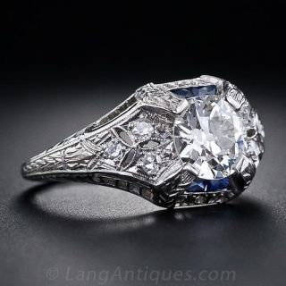 1.05 Carat Art Deco Diamond Engagement Ring with Calibre Sapphires