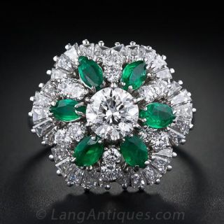 1.05 Carat Center Diamond, Emerald and Diamond Cocktail Ring