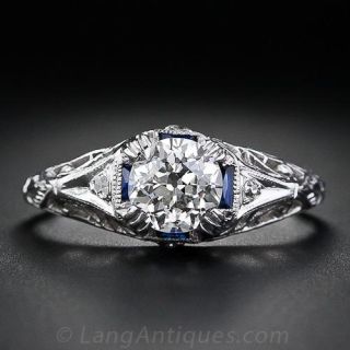 1.05 Carat Diamond  Deco Filigree Ring with Calibre Sapphires