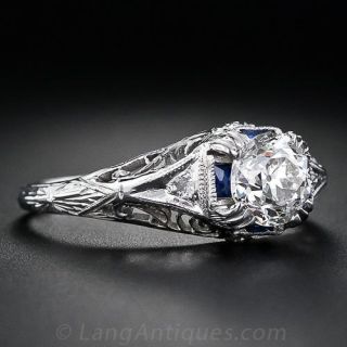1.05 Carat Diamond  Deco Filigree Ring with Calibre Sapphires