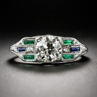 1.07 Carat Diamond, Emerald and Sapphire Art Deco Engagement Ring