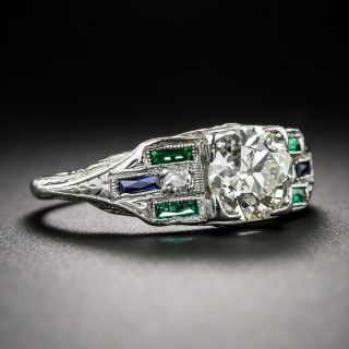 1.07 Carat Diamond, Emerald and Sapphire Art Deco Engagement Ring