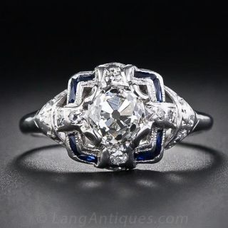 1.08 Carat Old Mine Cut Diamond and Sapphire Engagement  Ring