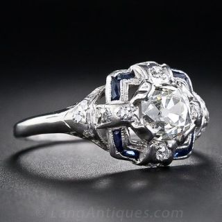 1.08 Carat Old Mine Cut Diamond and Sapphire Engagement  Ring
