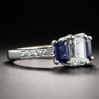 1.08 Carat Emerald-Cut Diamond and Sapphire Three Stone Ring - GIA E SI1