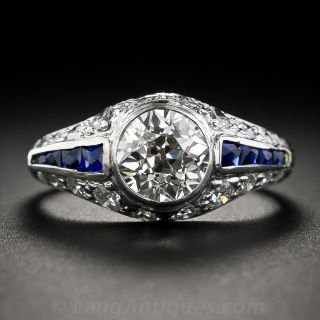 1.08 ct. Art Deco Engagement Ring with Calibre Sapphires and Diamonds