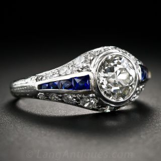 1.08 ct. Art Deco Engagement Ring with Calibre Sapphires and Diamonds