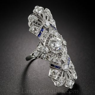 1 1/2 Inch Long Art Deco Platinum Diamond and Sapphire Dinner Ring