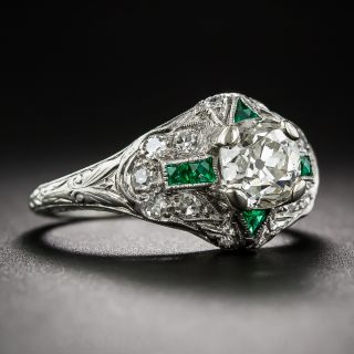 1.10 Carat Diamond Art Deco Engagement Ring with Emerald Calibre