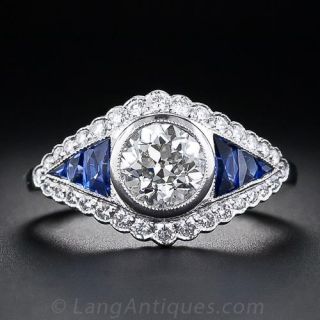 1.10 Carat Diamond Art Deco Style Engagement Ring with Calibre Sapphires
