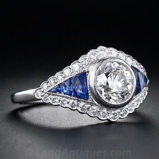 1.10 Carat Diamond Art Deco Style Engagement Ring with Calibre Sapphires