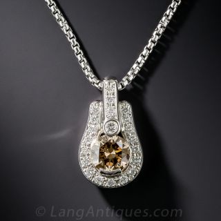 1.10 Carat Natural Brown Diamond Platinum and Diamond Pendant 