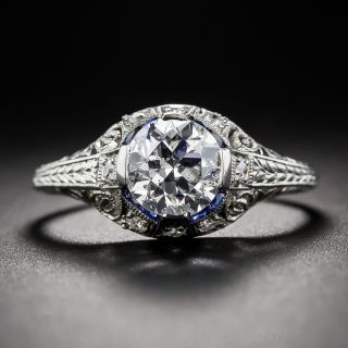 1.10 Carat Platinum Art Deco Diamond Engagement Ring with Calibre Sapphires - 2