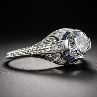 1.10 Carat Platinum Art Deco Diamond Engagement Ring with Calibre Sapphires