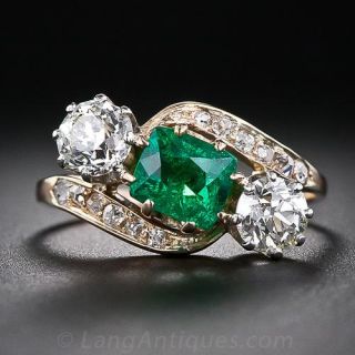 1.13 Carat Antique Emerald and Diamond  Ring