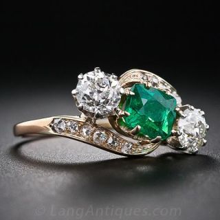 1.13 Carat Antique Emerald and Diamond  Ring