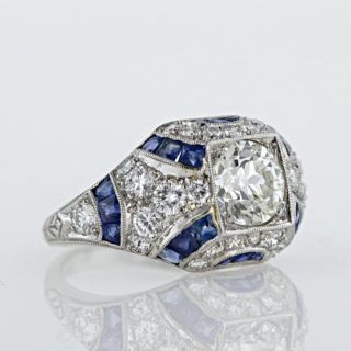 1.14 Carat Diamond Art Deco Style Ring with Calibre Sapphires