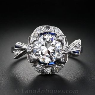 1.15 Carat Diamond and Calibre Sapphire  Edwardian Engagement Ring