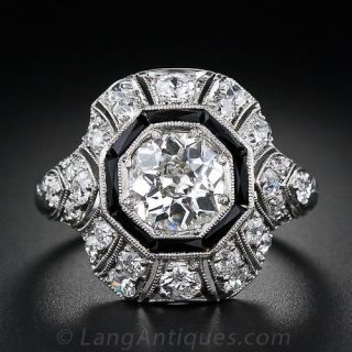 1.15 Carat Diamond and Onyx  Art Deco Diamond Ring