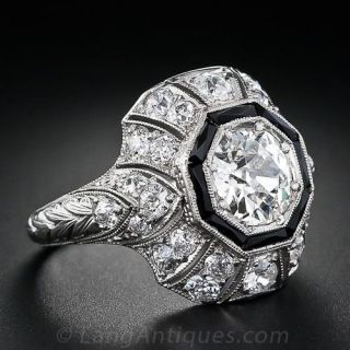 1.15 Carat Diamond and Onyx  Art Deco Diamond Ring