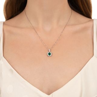 1.17 Carat Emerald Cabochon and Diamond Halo Pendant