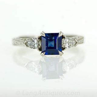 1.18 Carat Emerald Cut Sapphire and Diamond Ring Main View 1