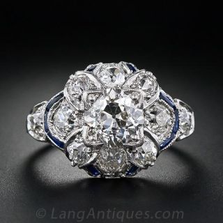 1.20 Carat Center Art Deco Diamond and Sapphire Engagement Ring