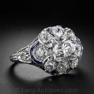 1.20 Carat Center Art Deco Diamond and Sapphire Engagement Ring