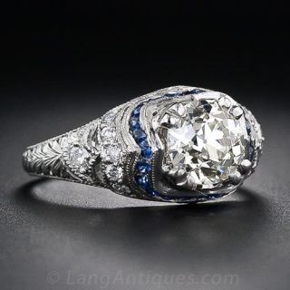 1.21 Carat Diamond and Sapphire Art Deco Style Engagement Ring