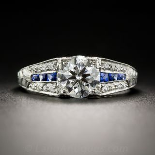 1.22 Carat Diamond and Calibre Sapphire Art Deco Style Engagement Ring - GIA E VS2 - 1