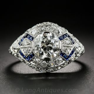 1.23 Carat Diamond Art Deco Engagement Ring with Calibre Sapphires
