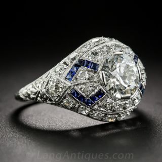 1.23 Carat Diamond Art Deco Engagement Ring with Calibre Sapphires