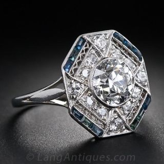 1.28 Carat  Diamond and Calibre Sapphire Art Deco Ring