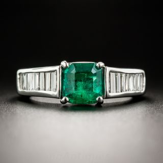 1.29 Carat Colombian Emerald, Platinum Baguette Diamond Ring