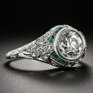 1.29 Carat Diamond GIA I-VS1 Art Deco Engagement Ring with Calibre Emeralds