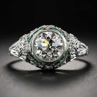 1.29 Carat Diamond GIA I-VS1 Art Deco Engagement Ring with Calibre Emeralds