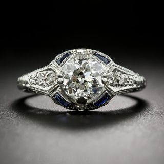 1.31 Carat European-Cut Diamond and Sapphire Art Deco Engagement Ring