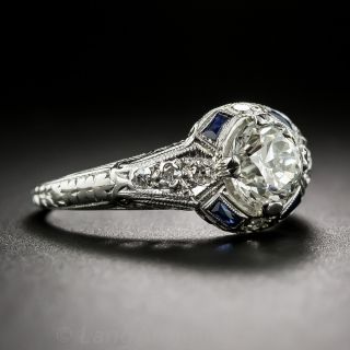 1.31 Carat European-Cut Diamond and Sapphire Art Deco Engagement Ring