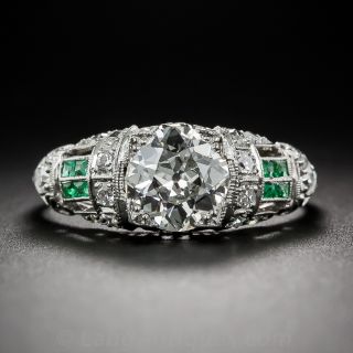 1.32 Carat GIA: J-VVS2 Diamond Art Deco Engagement Ring with Calibre Emeralds